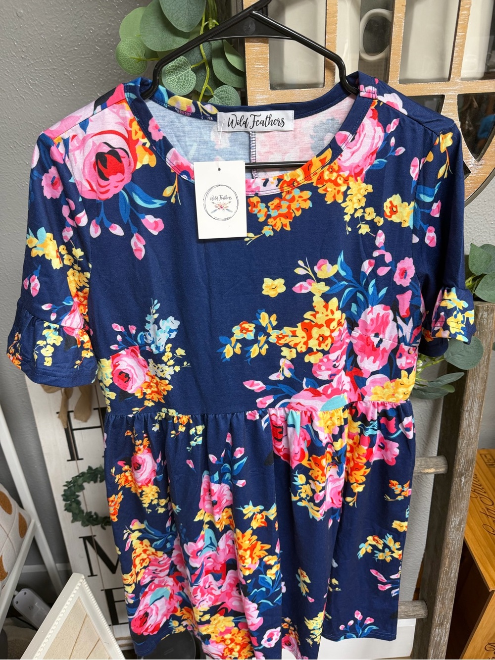 NWT Wild Feathers Navy Floral Mini Dress with Pink & Yellow Blooms
